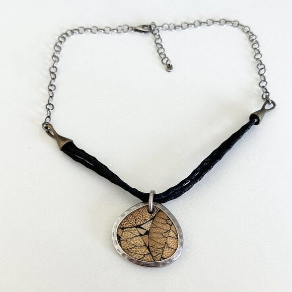 Silpada 925 Sterling Silver Black Leather Cord Bamboo Resin Pendant Necklace - Picture 1 of 12